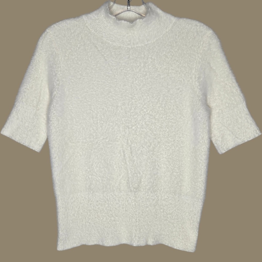 Bailey 44 Womens Medium Fuzzy Eyelash Knit Sweater Short Sleeve Mock Neck White
